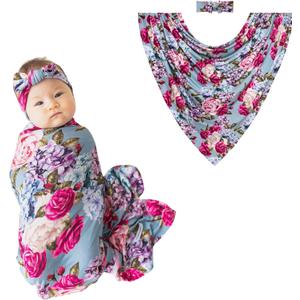 Posh Peanut Swaddle Blanket & Headband Set – Viscose from Bamboo Stretchy Baby Swaddle for Newborn Girls, Receiving Blanket or Nursing Cover