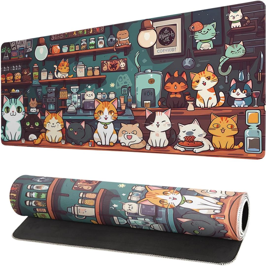 Gaming Mouse Pad Desk Pad,Extended Big Mouse Pad,31.5x11.8 Inch Long Computer Keyboard Mouse Mat Mousepad with 3mm Non-Slip Base and Stitched Edge for Gaming and Office (cat)