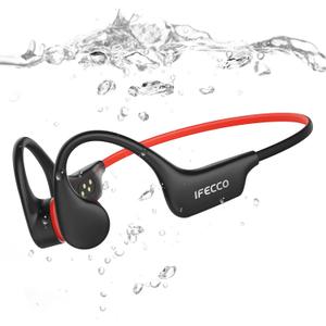 IFECCO Waterproof Headphones for Swimming, Bone Conduction Headphones Bluetooth 6.0,IP68 Waterproof Swimming Earbuds Underwater with 8G MP3 for Running Cycling Sports (Black Red)