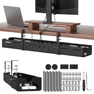 SUREUP9 Under Desk Cable Management Tray, Expandable 25.2"38.6", No Drill Clamp Mount, Cord Management Heavy Duty Carbon Steel Standing Cord Organizer for Home, Office, Gaming, Desk, Black