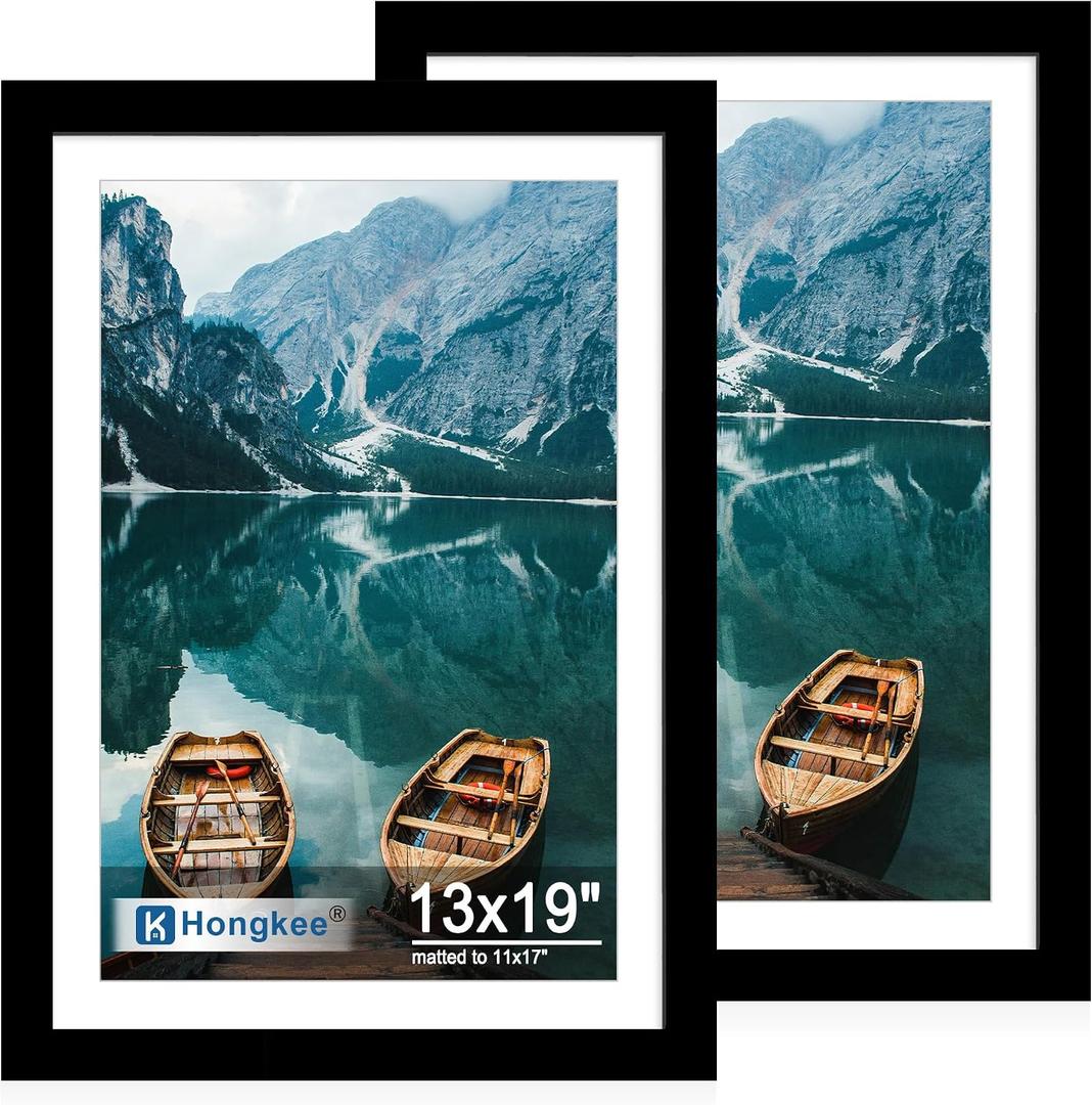 Hongkee 13x19 Picture Frame Set of 2, Black Wood Style - Display Posters 11 x 17 with Mat or 13x19 without Mat, Wall Mounting Horizontal and Vertical