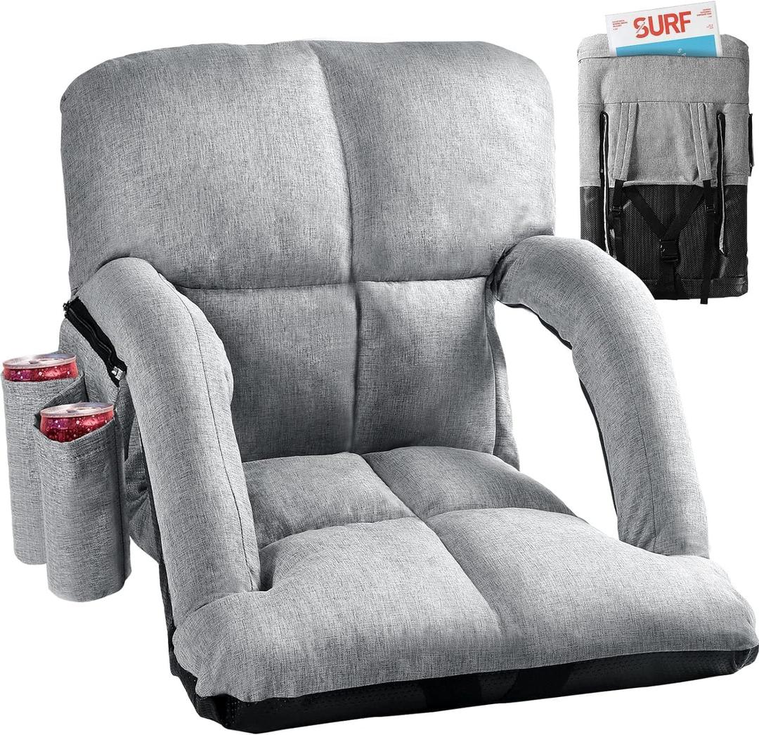 Wide Stadium Seats with Back Support, Bleacher Chairs with Comfy Cushion, 6 Reclining Positions, Portable Stadium Chair Bleacher Seat with Armrests for Outdoor Sport Events, Camping, Beaches (Gray) (Wide - 16.8" to 22.5", Grey)