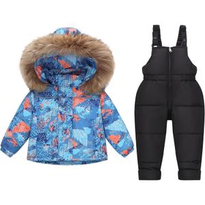 Coedody Toddler Boy Snow Suit Kid Winter Snowsuit Outfits Artificial Fur Hooded Jacket & Kids Snow Bibs Pants 2-6T (5-6 Years, Blue)