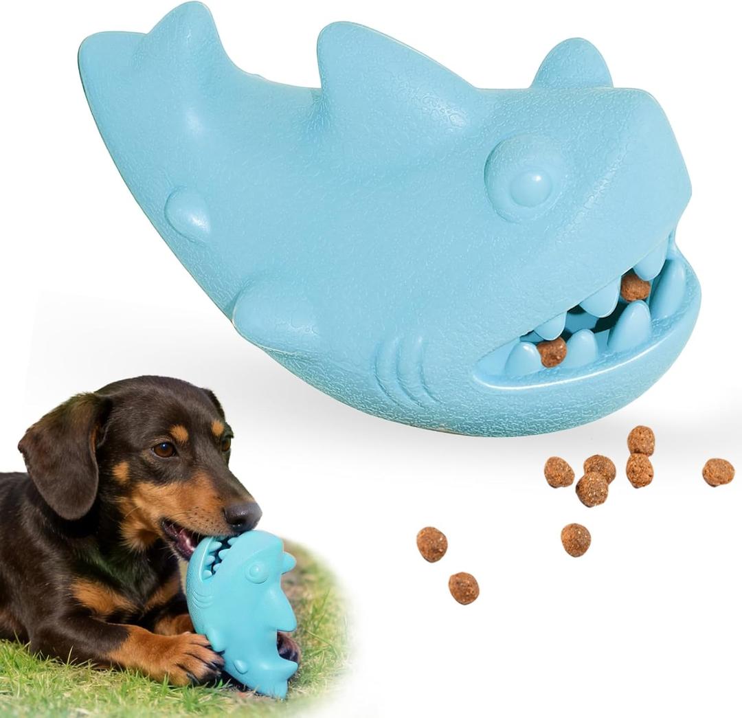 Treat Dispensing Dog Toys for Aggressive Chewers  Durable Natural Rubber Chew Toys for Medium/Large Dogs, Interactive Enrichment Toy Relieves Boredom, Anxiety & Cleans Teeth, Dishwasher Safe (Sky-Blue Shark)