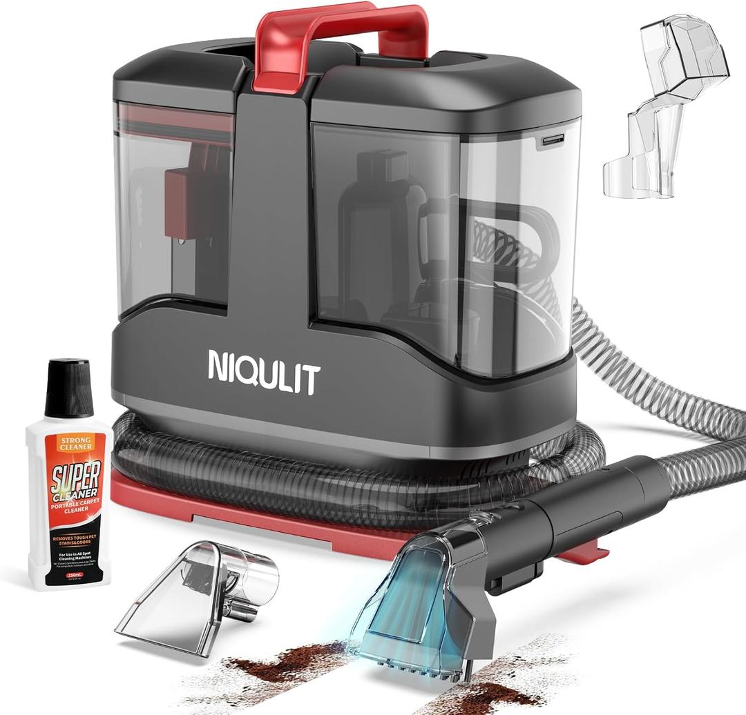 Portable Carpet and Upholstery Cleaner Machine -15Kpa Strong Suction for Rug, Couch, Car, Pet Stain, Carpet Cleaning Machine with 2 Brush Heads & Self-Cleaning SystemFurniture Cleaner for Home