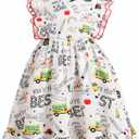 IMEKIS Toddler Kids Girls Back to School Dress Ruffle Sleeve Pencil Print Kindergarten First Day of School Outfit 3-8T (White)