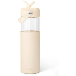 SANDJEST Glass Water Bottle with Silicone Sleeve and Straw Lid 20oz for Girls Women, Glass Drinking Bottles for Travel Home Gym Sports (Buttermilk)