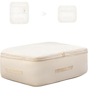 Ultra Space Saving Self Compression Organizer, Comforter Storage Bag for Clothes, Blankets, Pillows, Duvet, Comforters, Bedding Sets and Much More (Khaki,L - 54 * 42 * 30cm)