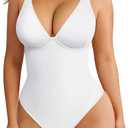 FeelinGirl Shapewear Bodysuits for Women Tummy Control Body Suits Deep V Neck Thong Body Shaper, White, XL