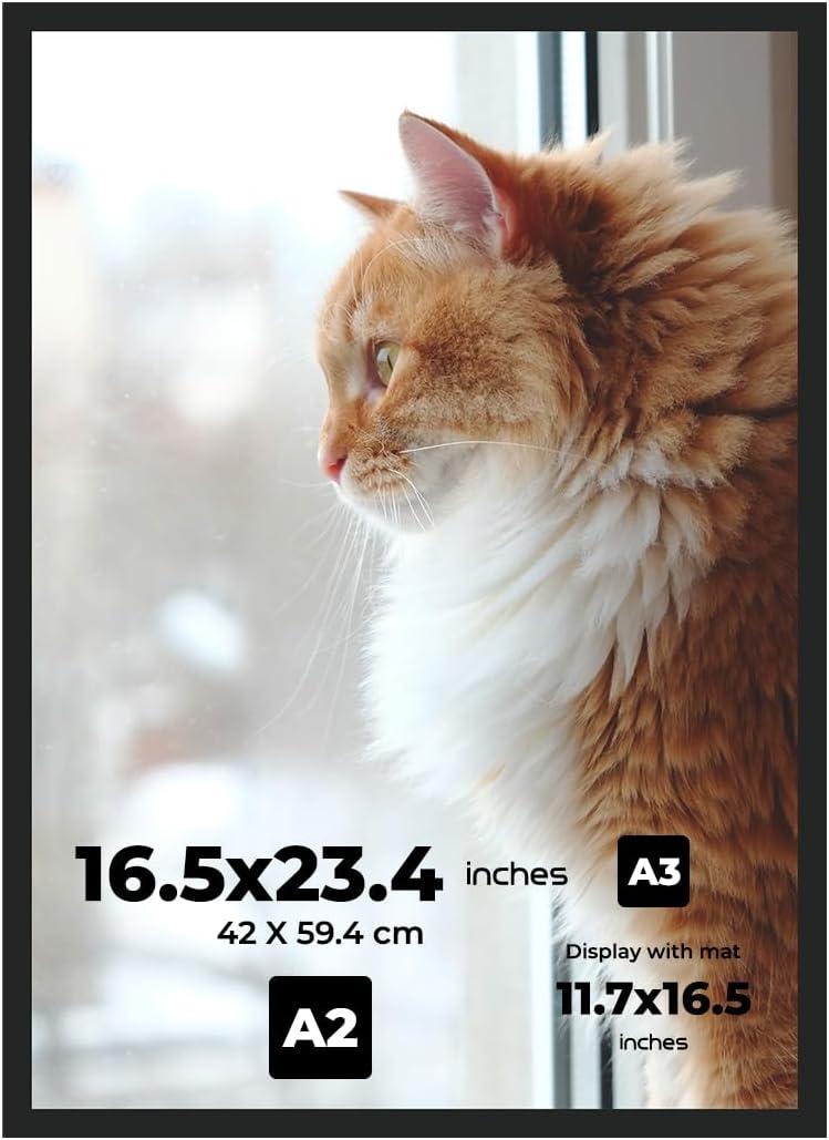 A2 Picture Frame 16.5"x23.4" Premium MDF Wood Frame with Shatterproof Plexiglass Cover Wall Mounting Hardware Included Stylish Black Finish Ideal for Posters, Prints, Artworks, Certificates and Photos