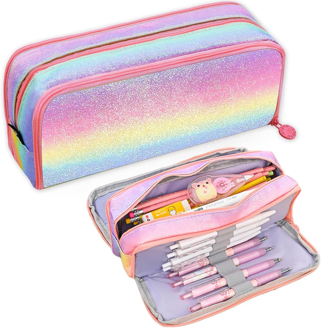 Glitter Rainbow Pencil Case, Large Capacity Pencil Pouch Pen Bag Organizer with 3 Compartments for Students School Office Supplies Back to School Gifts