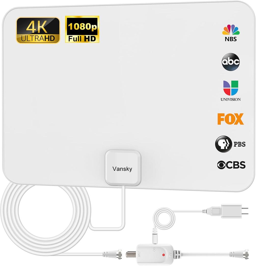 TV Antenna Indoor, Digital Amplified Indoor HDTV Antenna, 1080p VHF UHF Television Local Channels Detachable Signal Amplifier and 16.5ft Long Coax Cable (White)