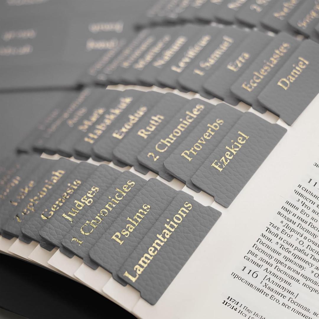 Leather Bible tabs, Bible Tabs for Women and Men Easy to Read and Apply 84 Bible Index Book Tabs in Total (66 Bible Tabs Old and New Testament 18 Blank Tabs) Gray Gold Foil Lettering