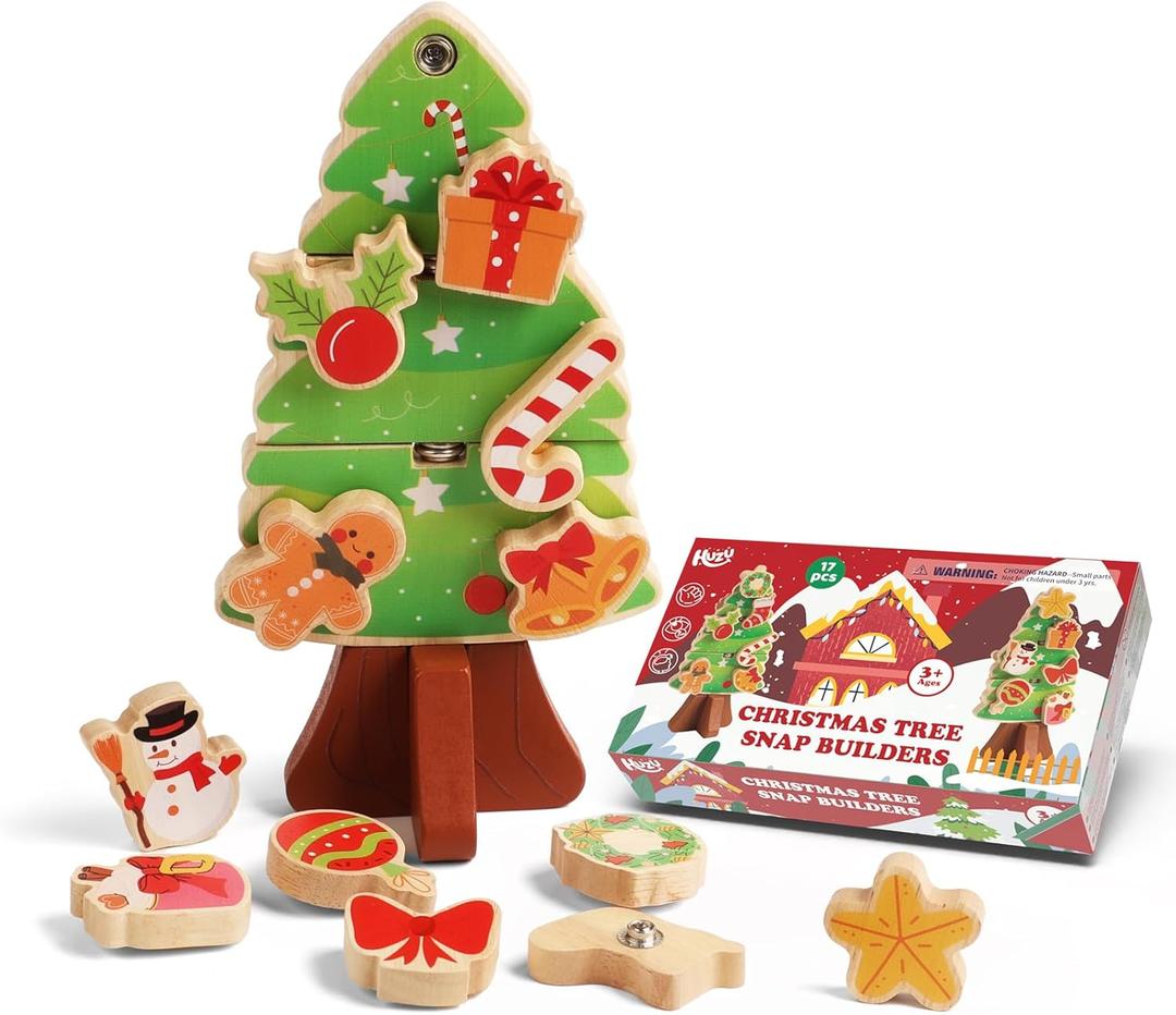 HUZU Christmas Tree Snap Builders 2025 – Wooden Building Blocks, 3D Puzzle, DIY Montessori Fine Motor Toy, Christmas Ornaments, Decor, Gifts for Grandkids, Stocking Stuffers for Kids, Boys & Girls