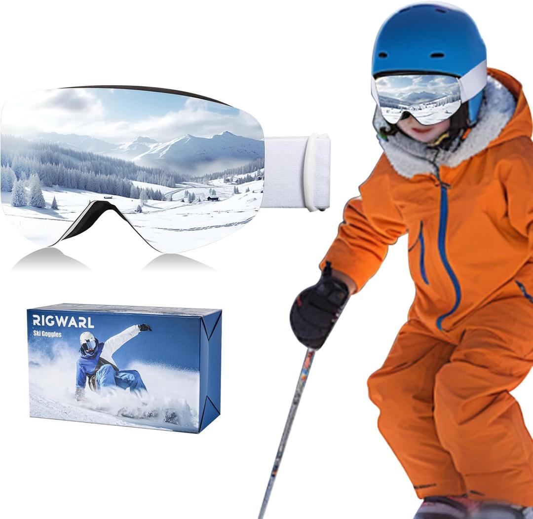 Ski Goggles for Adult & Kids, 100% UV Protection Anti Fog Snow Goggles OTG Helmet Compatible Snowboard Goggles (White Frame-silver Lens-vlt 12%)