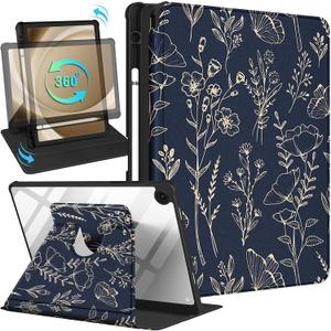 Kidcube for Samsung Galaxy Tab A9 Plus Case 11 Inch for Women Girls Cute Folio Cover with Pencil Holder Pretty Floral Flowers Girly Design Rotating Stand for Tab A9+ Plus Tablet Case SM-X210/X216/X218 (5-Gold Flower)