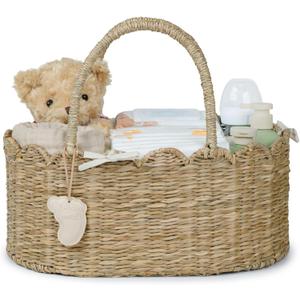 YANGQIHOME Diaper Caddy Organizer, Seagrass Nursery Baby Basket for Baby Essentials, Scalloped Wicker Diaper Caddy, Baby Shower Gifts (MeadowNest)