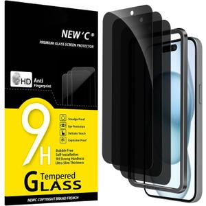 NEW'C 3 Pack Privacy for iPhone 16 Plus,15 Plus Screen Protector (6.7 inches), Anti-Spy Tempered Glass Film,Enhanced 28-Degree Privacy Angle with easy installation tool included