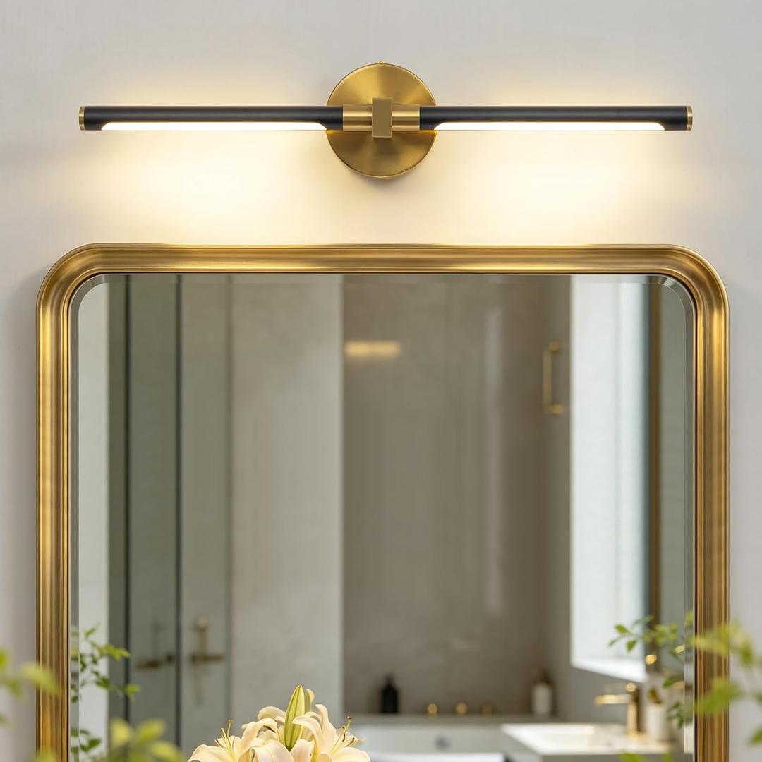 2026 Upgrade Black and Gold Vanity Light, 18W Brighter 24" Gold Bathroom Light Fixtures Linear Modern LED Bathroom Lights Vanity Lighting Fixtures Over Mirror Light Bar, 360 Rotable 4000K CRI 90+