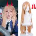 LABEAUTÉ Orange Cosplay -Power Wig + Horns for Girls Women Anime Long Straight Halloween Party Hair Wig with Cap