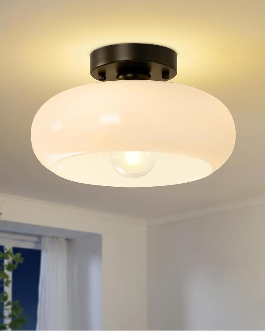 Yunnix Semi Flush Mount Ceiling Light, Black Light Fixture, Mid-Century Modern Farmhouse Milk Glass Small Light Fixtures for Hallway, Bathroom, Kitchen, Bedroom, Living Room, Closet(8.66 Inch)