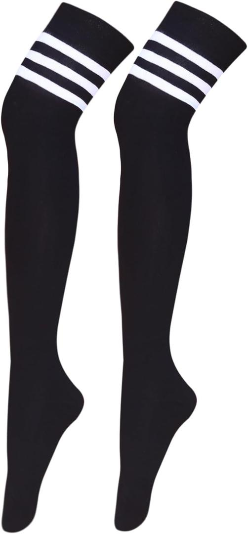 Bestjybt Women Thigh High Socks Cotton Warm Over the Knee High Leg Warmers Long Boot Socks with Stripes (One Size, Black)