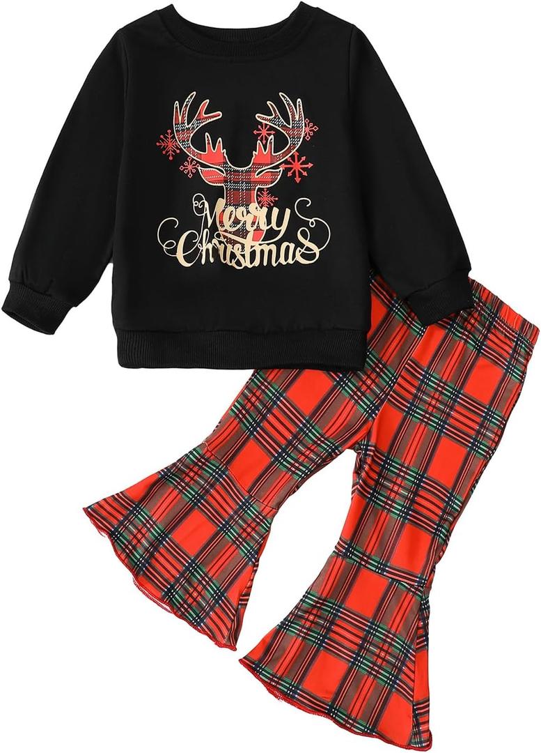 Kislio Toddler Baby Girl Christmas Outfit Long Sleeve Sweatshirt Top Bell Bottoms Pants Infant Girls Christmas Clothes Set (Black)