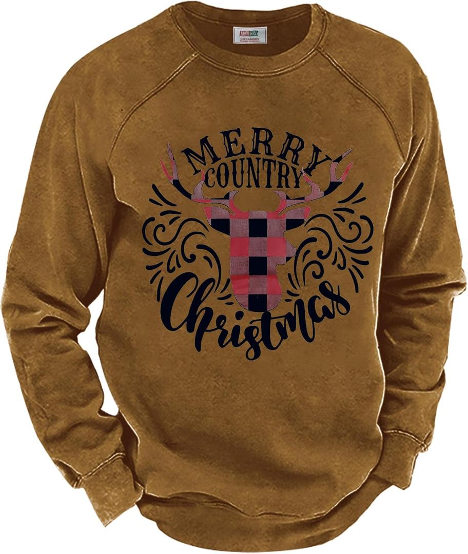 Arvilhill Mens Fleece-Lined Christmas Sweatshirts Raglan Vintage Classic Graphic Pullover (S-3XL) (Brown, L)