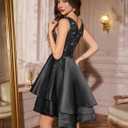 Meetjen Women's Short Prom Dresses for Teens Formal Sequin High Low Satin Bridesmaid Cocktail Party Homecoming Dress (Black, L)