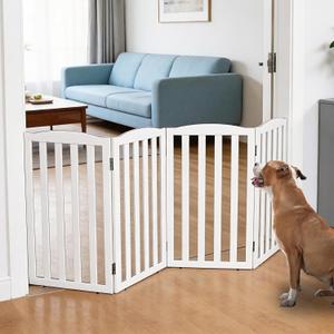 Freestanding Dog Gate Indoor,Doggie Gate Foldable Pet Gates for Doorways,Stairs or Hallways, Wooden White Pet Gate for the House, Pet Fence,24 "Height-4 Panels, 【4 Panels】80‘’W x 24''H