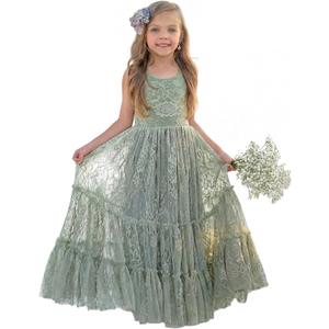 LalaMira Flower Girl Dress Lace Boho Toddler Dresses Ruffle Girl Dress for Wedding Garden Party Holiday Communion Sleeveless Sage Green-12 Years