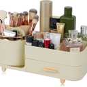 Makeup Organizer Countertop with Drawer 360 Rotating Brush Holder Storage Large Capacity Skincare Cosmetic Display Cases for Vanity Bathroom Desktop, Model 3016 Cream
