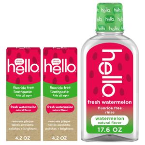 Hello Fresh Watermelon Fluoride Free Kids Toothpastes and Fluoride Free Kids Mouthwash Bundle Pack, Freshens Breath and Tastes Awesome, SLS Free Formulas, No Spicy Mint, Natural Watermelon Flavor