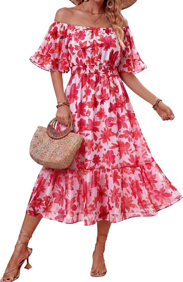 Women's Summer Boho Off Shoulder Midi Dress Ruffle Sleeve Smocked Elastic Waist Flowy Dresses (L)