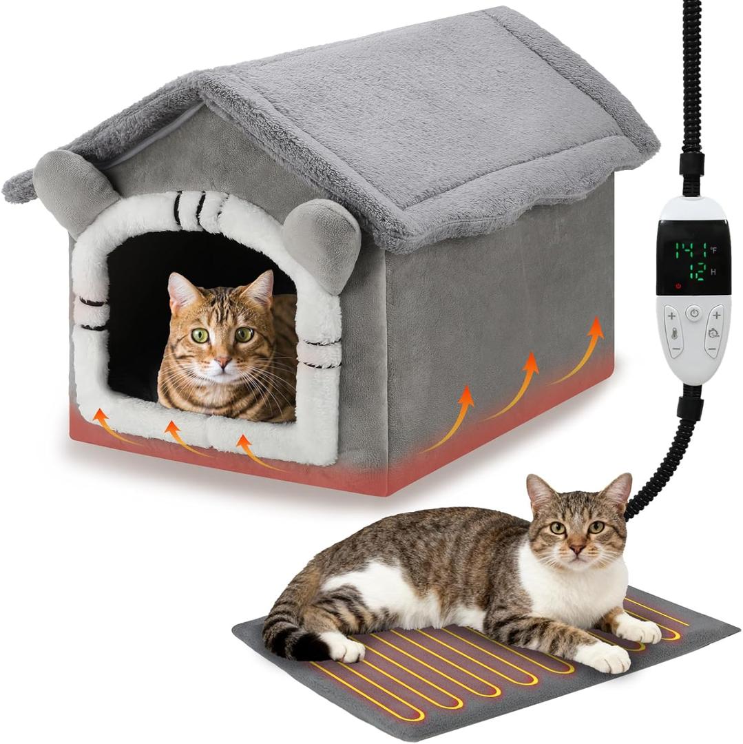 FHTONGE Heated Cat Bed House with Timer Temp Adjustment, Thermal Enclosed Kitten Beds Hideaway Machine Washable, Self-Warming Cozy Pet Nest Covered Beds Cave for Indoor Kitten Old Cat Puppy Small Dog (Hut Version)