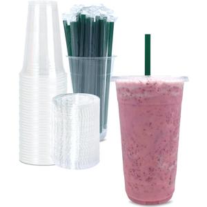 32 oz Clear Plastic Cups with Lids and STRAWS, Disposable Drinking Cups for Cold Drinks, Iced Coffee, Milkshakes, Smoothies, 25 Sets