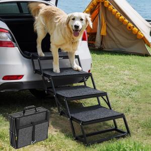 Veehoo Foldable Dog Steps for Car Truck, 4 Steps Collapsible Dog Stairs for Car Large Dogs 17" Wide, Heavy Duty Outdoor Pet Ramp Ladder Portable with Non Slip Surface for Dogs, Support up to 200 lbs