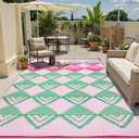 Lahome Waterproof Outdoor Patio Rug 9x12, Reversible Large Outdoor Rug for Patios, Camping Rugs for RV Backyard Deck Picnic Beach Trailer (Pink/Green, 9' x 12')
