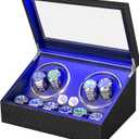 ANWBROAD Watch Winder for Automatic Watches 4 Watch Rotator and 6 Extra Storages with Super Quiet Mabuchi Motor and LED Backlight Turner Carbon Fiber Shaker 5 Rotating Modes USB UJWW002F