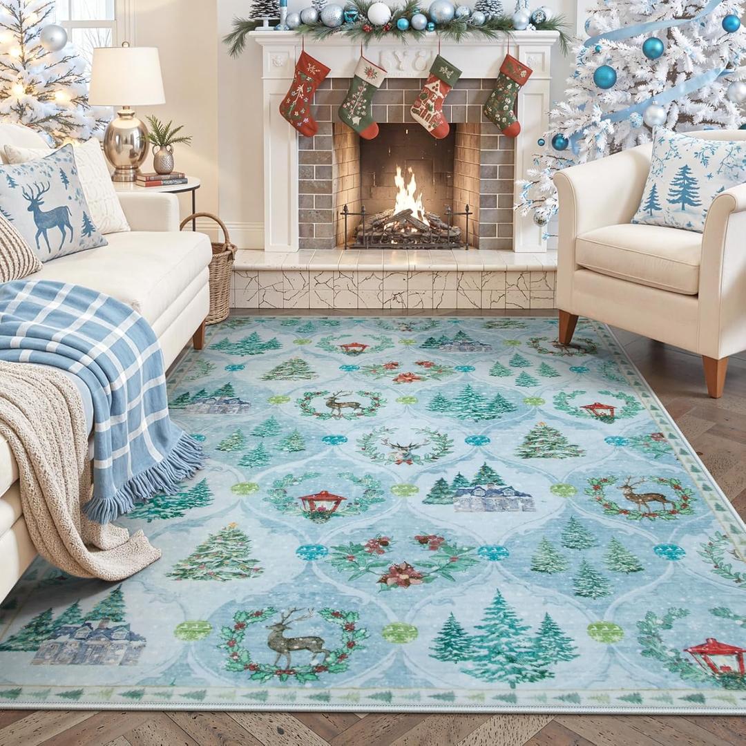 Lahome Light Blue Christmas Rugs for Living Room, Frozen Christmas Area Rugs 5x7, Washable Rugs for Bedroom Large Soft Winter Xmas Tree Carpet for Nursery Holiday Decor,Blue
