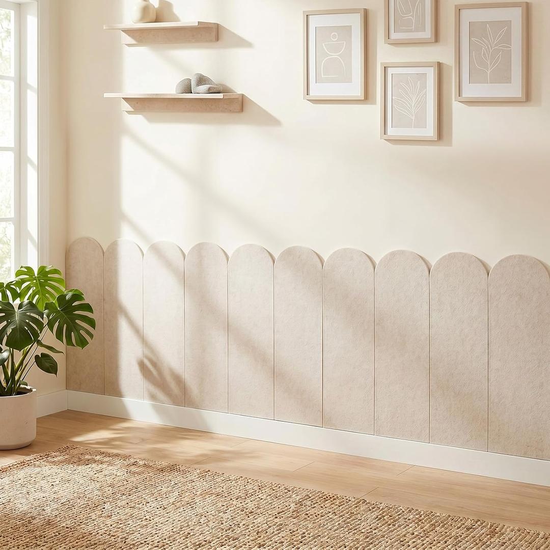 Hahafelt 10 Pcs Scalloped Felt Wall Padding Panels | Large 24 x 8 in Wainscoting Panelss Decorative Wall Panels Self-adhesive for DIY Home Bedroom Living Room Decor Protectors