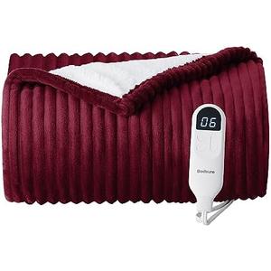Bedsure GentleSoft Heated Blanket Throw - Soft Ribbed Flannel Electric Blanket, Heating with 4 Time Settings, 6 Heat Settings, and 3 hrs Timer Auto Shut Off, Gifts for Grandma (50x60 inches, Burgundy)