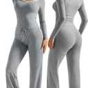 OMKAGI Womens Lounge Set Lace Square Neck Long Sleeve Tops Wide Leg Pants 2 Piece Outfits (Gray, L)