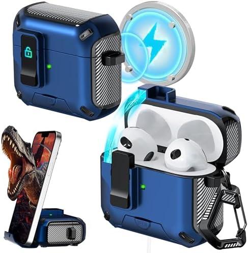 RFUNGUANGO for AirPods Case (2021, 3rd Generation), Compatible with AirPods 3rd Generation, Compatible with MagSafe, Drop Protection Case with Stand Feature, with Cleaning Tool -A-Black+Blue