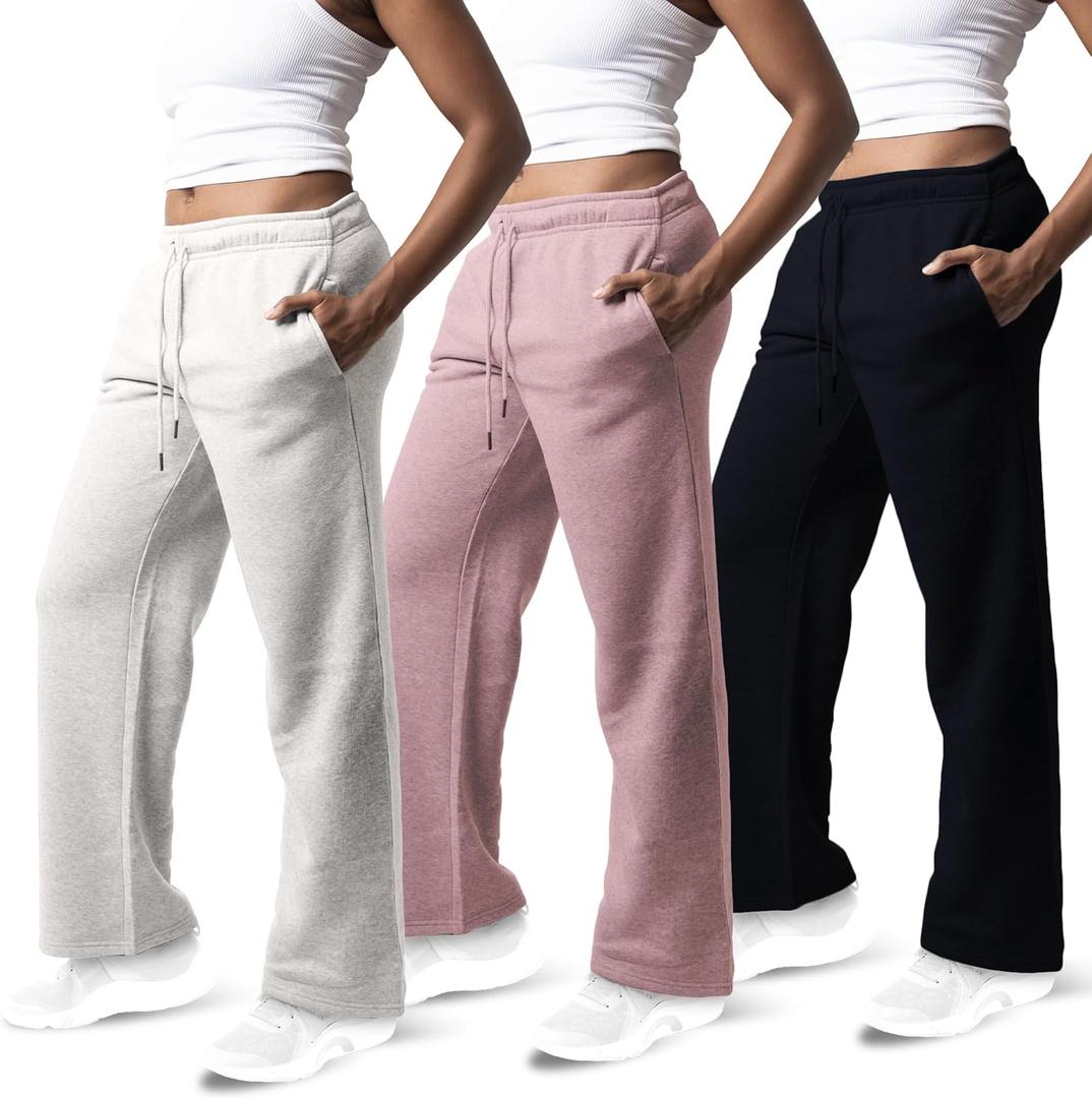 Common Stitch 3 Pack Sweatpants Women, Wide Leg Womens Sweatpants, Workout - Yoga Pants (Medium, Black / Mauve / Lt. Heather Grey)