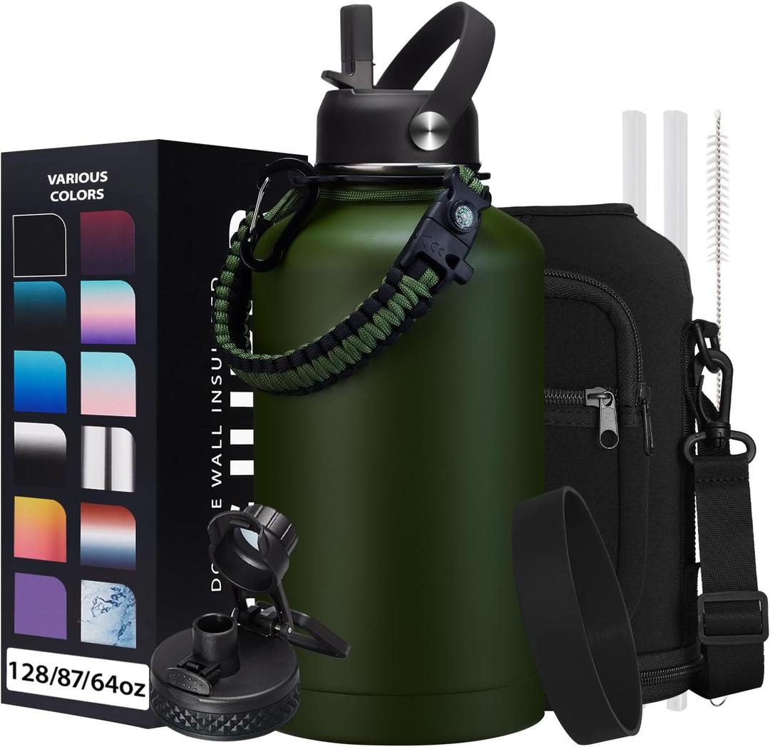 64oz Insulated Water Bottle with Straw & Auto Spout Lid - (Cold 48H & Hot 24H) Half Gallon Stainless Steel Water Jug with Paracord Handle, Metal Tactical Military Water Flask with Carrier Strap Bag (Army Green)