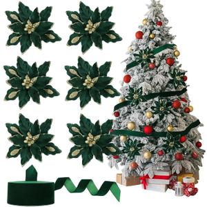 6 Pcs Green Glitter Christmas Poinsettia Flower with Ribbon, 11 Inches Large Artificial Poinsettia Flower Green Velvet Christmas Tree Ornaments Wreath Garland Decoration with Stems