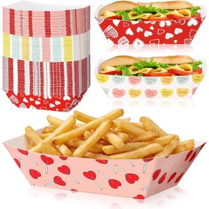 Yinkin 100 Pack Heart Paper Food Trays 2 lb Snack Trays Disposable Hot Dog Tray, Heart Paper Food Nacho Boat for Valentine's Day Parties, Picnics, Carnivals, Holds Tacos, Fries, Grease Resistant