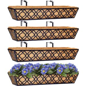 Y&M 30 inch Window Planter Box 4Pcs Iron Window Deck Railing Planter with Coco Liner, Metal Horse Troughs Fence Planter for Outdoor Balcony Rail Fence Porch Patio