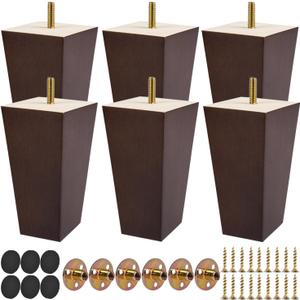 8 Inch / 20 cm Wooden Furniture Legs, Set of 6 Solid Wood Mid-Century Modern Pyramid Replacement Feets with 5/16 inch Bolt & Rubber Floor Protectors for DIY Ottoman TV Stand Walnut